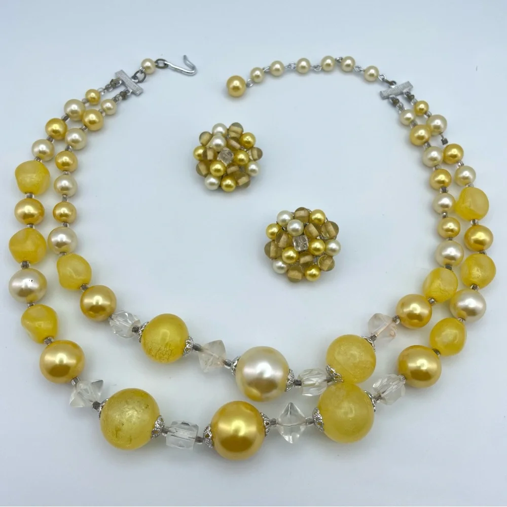Vintage Japan Gold & Ivory Beaded Necklace & Cluster Clip Earring Set